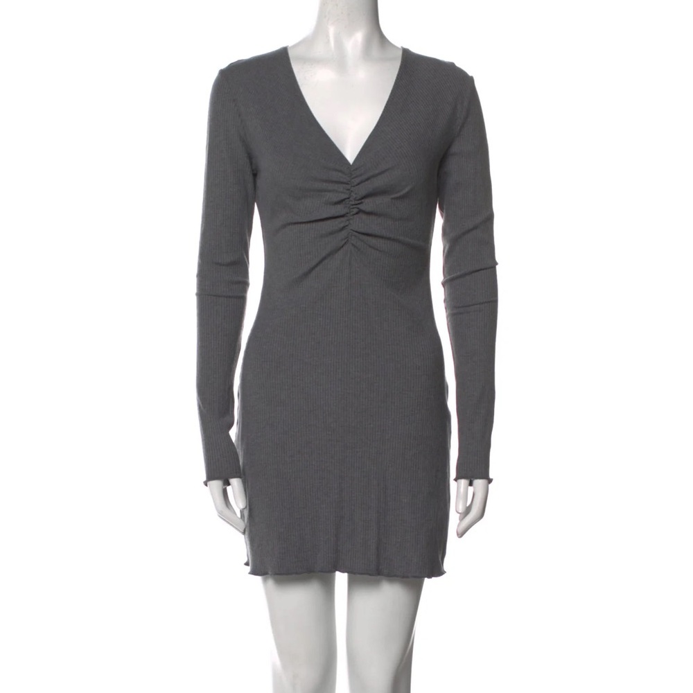 Reformation Jennie small chic ribbed ruched Long Sleeve smoke grey mini Dress